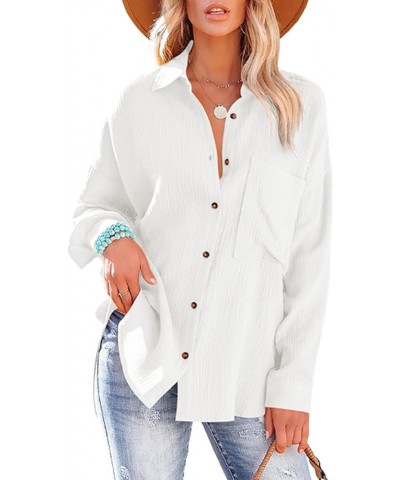 Womens Color Block Button Down Shirts Long Sleeve Oversized Boyfriend Blouses Top White $15.95 Blouses