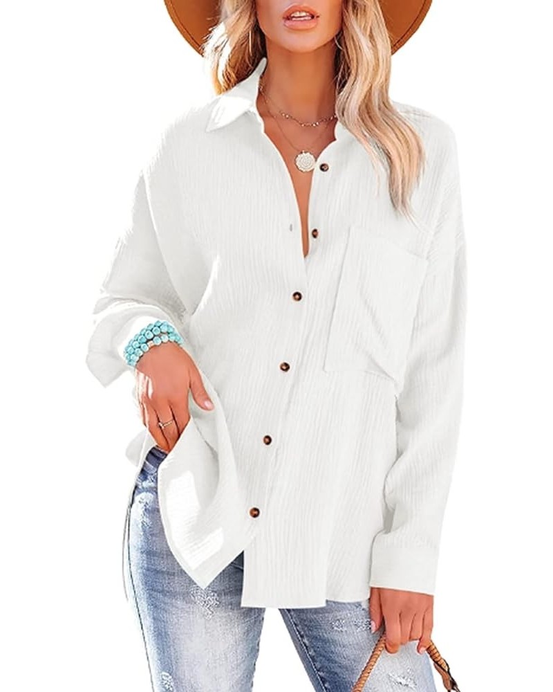 Womens Color Block Button Down Shirts Long Sleeve Oversized Boyfriend Blouses Top White $15.95 Blouses