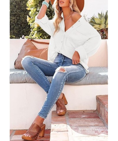 Womens Color Block Button Down Shirts Long Sleeve Oversized Boyfriend Blouses Top White $15.95 Blouses