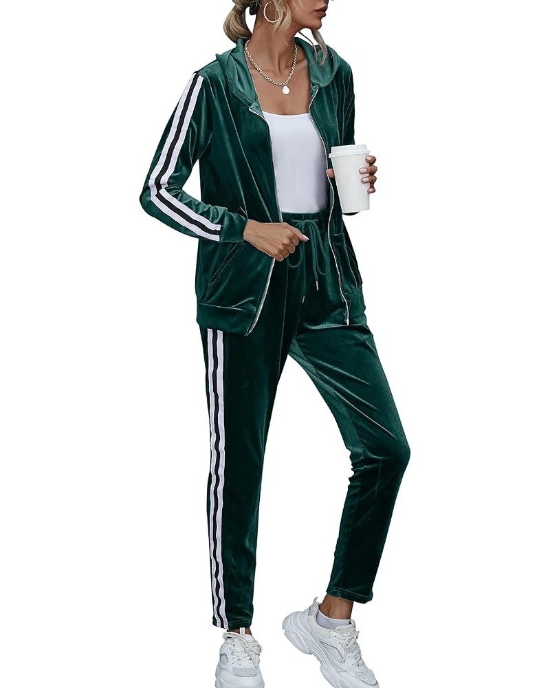 Two Pieces Outfits for Women Solid Casual Velour Tracksuit Sweatsuits Jogger Set 01 Dark Green $20.64 Activewear