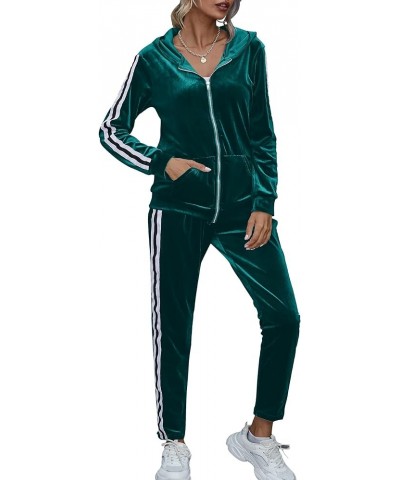 Two Pieces Outfits for Women Solid Casual Velour Tracksuit Sweatsuits Jogger Set 01 Dark Green $20.64 Activewear