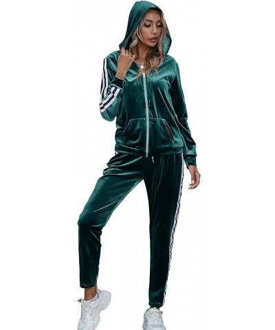 Two Pieces Outfits for Women Solid Casual Velour Tracksuit Sweatsuits Jogger Set 01 Dark Green $20.64 Activewear