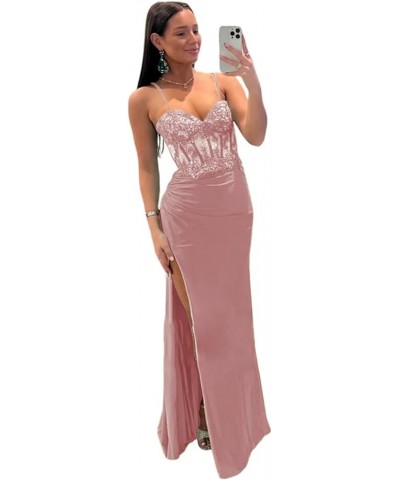 Spaghetti Straps Lace Appliques Satin Prom Dresses Long with Slit Illusion Corset Mermaid Formal Evening Gowns Mauve $44.71 D...