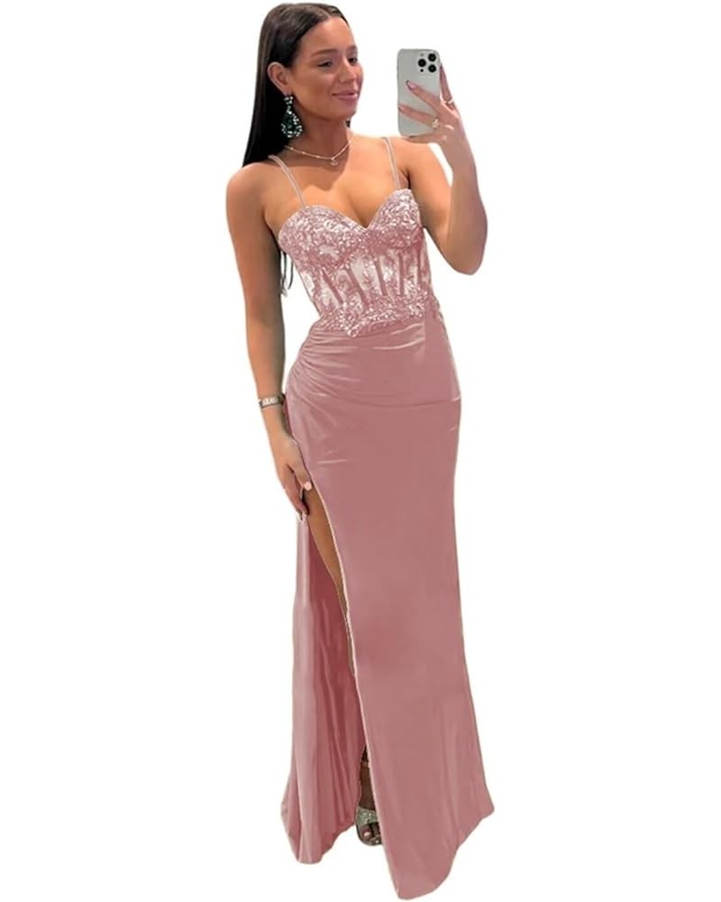 Spaghetti Straps Lace Appliques Satin Prom Dresses Long with Slit Illusion Corset Mermaid Formal Evening Gowns Mauve $44.71 D...