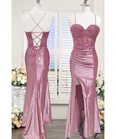 Spaghetti Straps Lace Appliques Satin Prom Dresses Long with Slit Illusion Corset Mermaid Formal Evening Gowns Mauve $44.71 D...