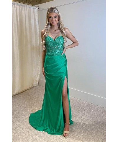 Spaghetti Straps Lace Appliques Satin Prom Dresses Long with Slit Illusion Corset Mermaid Formal Evening Gowns Mauve $44.71 D...