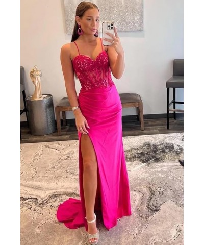 Spaghetti Straps Lace Appliques Satin Prom Dresses Long with Slit Illusion Corset Mermaid Formal Evening Gowns Mauve $44.71 D...