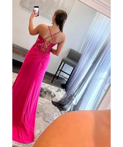 Spaghetti Straps Lace Appliques Satin Prom Dresses Long with Slit Illusion Corset Mermaid Formal Evening Gowns Mauve $44.71 D...