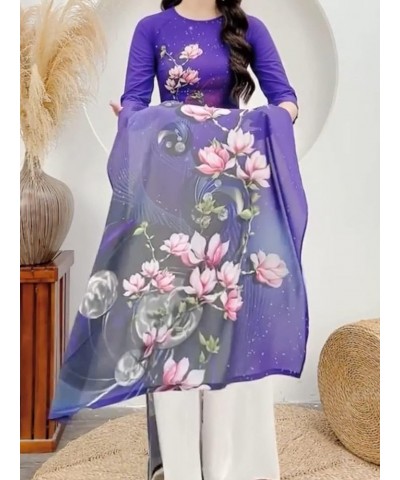 Hoadinh Ao Dai Vietnamese Traditional Dress Makes Woman Elegant and Beautiful. Soft, Stretchy Japanese Silk 3D Print Pattern....