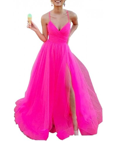 Women's Tulle Bridesmaid Dress Long V Neck A Line Formal Evening Gown with Slit Ball Gown RPM219 Hot Pink $39.95 Dresses