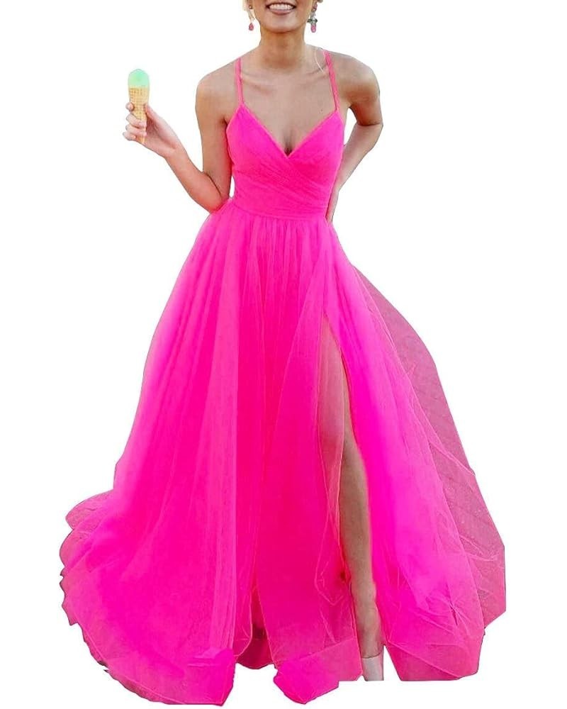 Women's Tulle Bridesmaid Dress Long V Neck A Line Formal Evening Gown with Slit Ball Gown RPM219 Hot Pink $39.95 Dresses