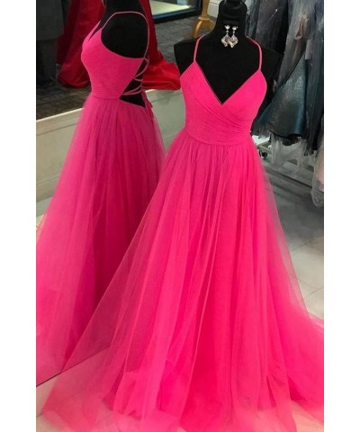 Women's Tulle Bridesmaid Dress Long V Neck A Line Formal Evening Gown with Slit Ball Gown RPM219 Hot Pink $39.95 Dresses