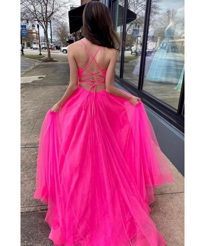 Women's Tulle Bridesmaid Dress Long V Neck A Line Formal Evening Gown with Slit Ball Gown RPM219 Hot Pink $39.95 Dresses