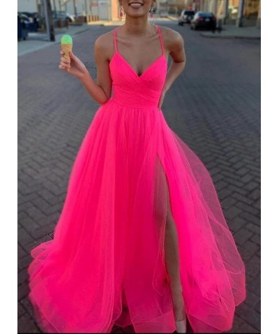 Women's Tulle Bridesmaid Dress Long V Neck A Line Formal Evening Gown with Slit Ball Gown RPM219 Hot Pink $39.95 Dresses