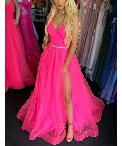 Women's Tulle Bridesmaid Dress Long V Neck A Line Formal Evening Gown with Slit Ball Gown RPM219 Hot Pink $39.95 Dresses