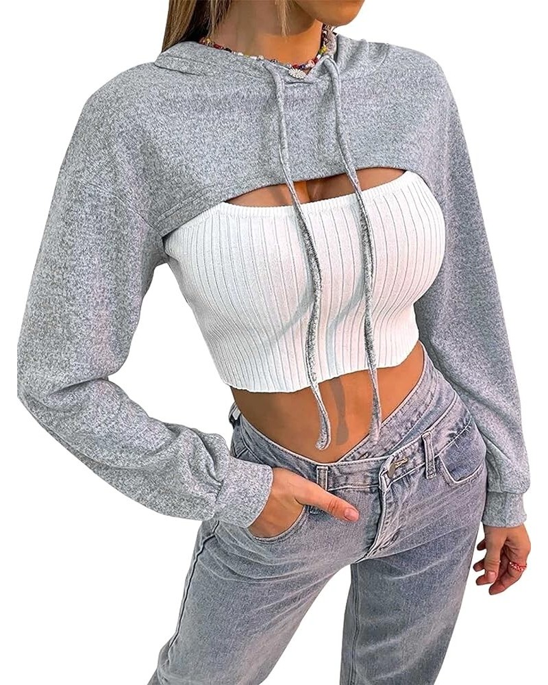 Women Long Sleeve Cropped Super Crop Top Hoodies Sweatshirt Aesthetic Punk Hip Hop Dance Sexy Rave Cloth Light Grey $11.39 Ho...