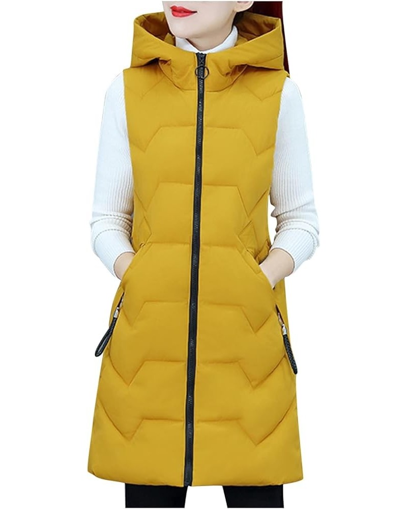 Yowein? Women's Winter Padded Long Vest Coat Outerwear with Pockets Faux Down Filled Hooded Vest for Fall and Winter Yellow $...