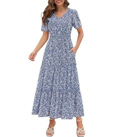 Womens 2024 Long Summer Dress Short Flutter Sleeve V Neck Casual Smocked Tiered Modest Floral Boho Maxi Dress Dustyblue With ...