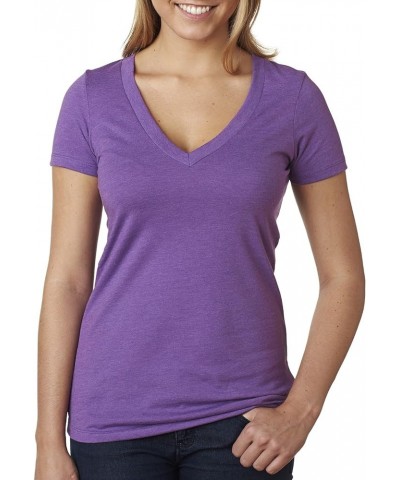 Baby Rib Knit Short Sleeve Deep V-Neck T-Shirt Purple Berry $10.71 T-Shirts