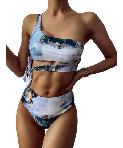 Women Marble Print Bikini Set Tie Dye Bandeau Top 2 Piece High Waist Swimsuit Bathing Suit 2 Piece Blue One Shoulder $13.34 S...