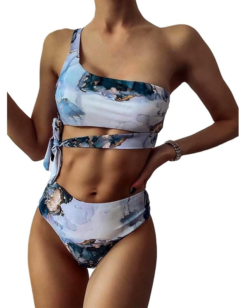 Women Marble Print Bikini Set Tie Dye Bandeau Top 2 Piece High Waist Swimsuit Bathing Suit 2 Piece Blue One Shoulder $13.34 S...