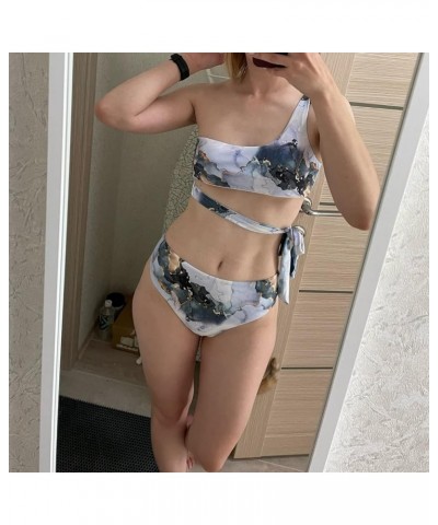 Women Marble Print Bikini Set Tie Dye Bandeau Top 2 Piece High Waist Swimsuit Bathing Suit 2 Piece Blue One Shoulder $13.34 S...