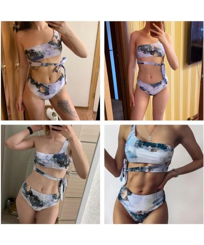 Women Marble Print Bikini Set Tie Dye Bandeau Top 2 Piece High Waist Swimsuit Bathing Suit 2 Piece Blue One Shoulder $13.34 S...