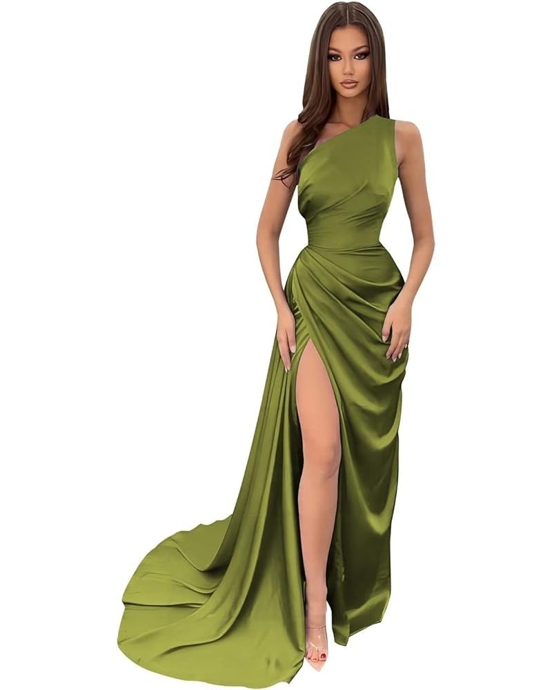 Women's One Shoulder Bridesmaid Dresses Long Satin Mermaid Formal Wedding Party Gowns with Slit IIF028 Olive Green $24.60 Dre...