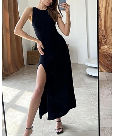 Women's Casual Tank Dress Crew Neck Sleeveless Split Thigh Bodycon A Line Midi Dress Knit Fall Dresses Black $15.94 Sweaters