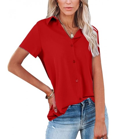 Womens V Neck Button Down Shirts Long Sleeve Blouse Business Casual Work Plain Tops 2-red $13.33 Tops