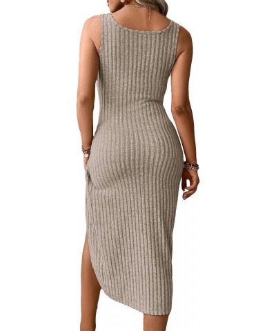 Women's Ribbed Knit Twist Front Tank Dress Solid Asymmetrical Hem High Waist Midi Dress Mocha Brown $17.94 Dresses