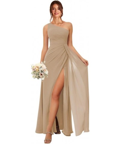 Women's One Shoulder Bridesmaid Dresses with Pockes Long Ruched A Line Formal Dress with Slit AG001 Taupe $22.55 Dresses