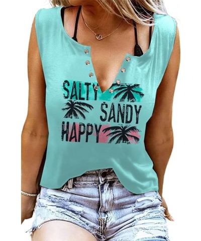 Sun Sand and A Drink in My Hand Tank Women Beach Coconut Trees Graphic Shirt Vacation Sleeveless Tops Mint Blue $10.19 Tanks