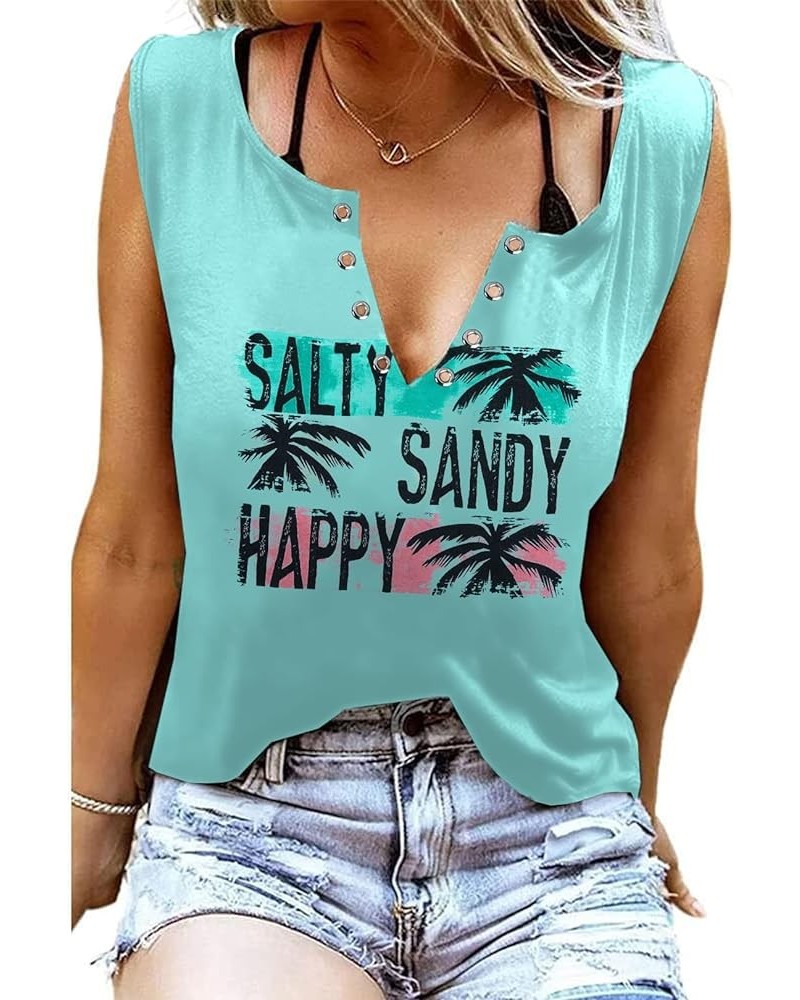 Sun Sand and A Drink in My Hand Tank Women Beach Coconut Trees Graphic Shirt Vacation Sleeveless Tops Mint Blue $10.19 Tanks