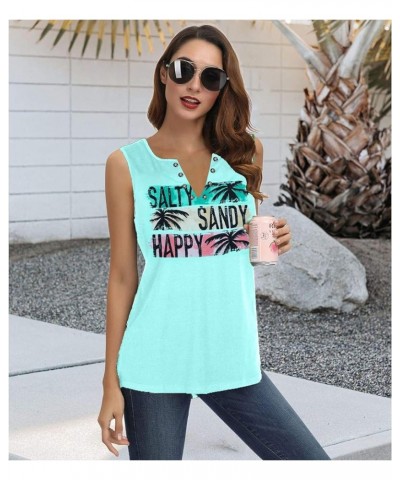 Sun Sand and A Drink in My Hand Tank Women Beach Coconut Trees Graphic Shirt Vacation Sleeveless Tops Mint Blue $10.19 Tanks