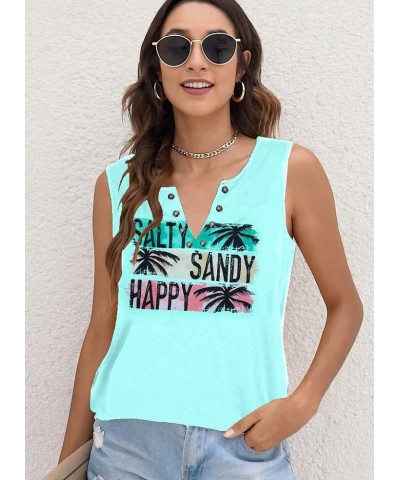 Sun Sand and A Drink in My Hand Tank Women Beach Coconut Trees Graphic Shirt Vacation Sleeveless Tops Mint Blue $10.19 Tanks