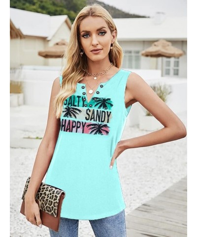 Sun Sand and A Drink in My Hand Tank Women Beach Coconut Trees Graphic Shirt Vacation Sleeveless Tops Mint Blue $10.19 Tanks