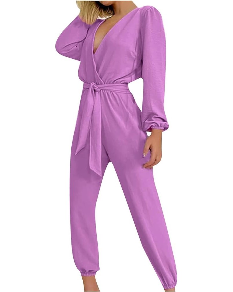 Women's Summer Casual Wrap Deep V Neck Long Sleeve Jumpsuits High Waist Belted Cinch Bottom Pants Jumpsuit Rompers Purple $13...