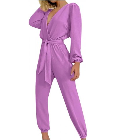 Women's Summer Casual Wrap Deep V Neck Long Sleeve Jumpsuits High Waist Belted Cinch Bottom Pants Jumpsuit Rompers Purple $13...