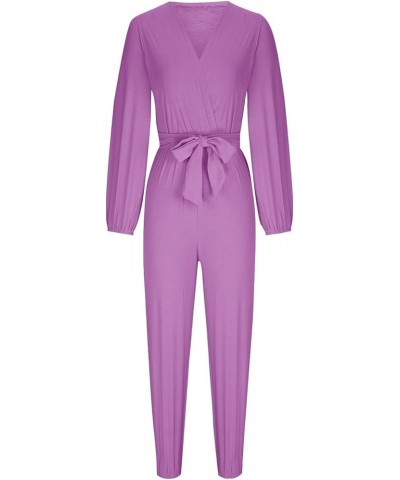 Women's Summer Casual Wrap Deep V Neck Long Sleeve Jumpsuits High Waist Belted Cinch Bottom Pants Jumpsuit Rompers Purple $13...