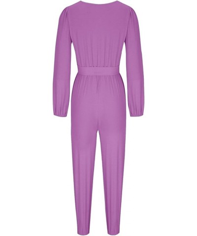 Women's Summer Casual Wrap Deep V Neck Long Sleeve Jumpsuits High Waist Belted Cinch Bottom Pants Jumpsuit Rompers Purple $13...