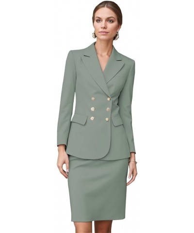 Women's Business Suit 2 Pieces Solid Blazer Skirt Slim Fit Lady Suit Set for Office Work Tea Green $40.69 Suits