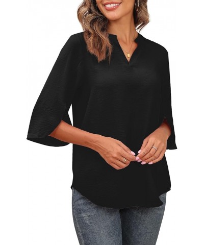 Women's 2024 Summer Chiffon Blouses Short Sleeve V Neck Tshirts Loose Casual Flowy Dressy Tops for Leggings Blouse 01-black $...