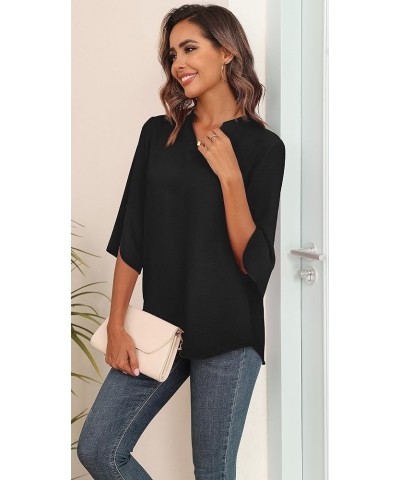 Women's 2024 Summer Chiffon Blouses Short Sleeve V Neck Tshirts Loose Casual Flowy Dressy Tops for Leggings Blouse 01-black $...