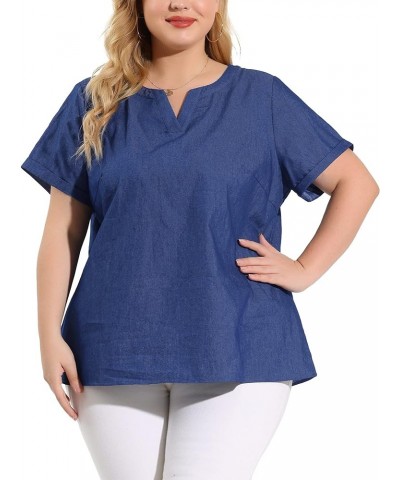 Plus Size Women's Chambray Shirts Notched Neck Short Sleeve Work Summer Tops Chambray Blouses Dark Blue $17.10 Blouses