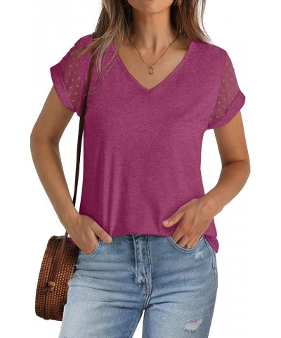 Womens Tops Summer V Neck T Shirts Swiss Dot Cap Sleeve Tops Loose Casual Blouses 074-maroon $10.50 T-Shirts