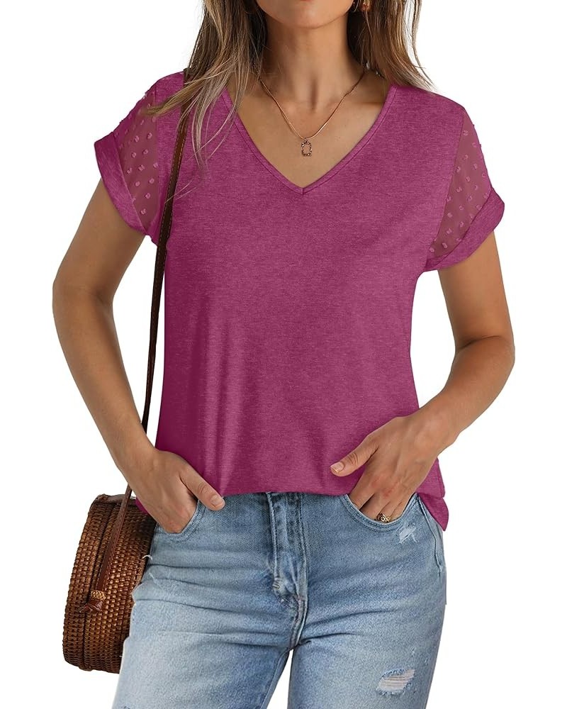 Womens Tops Summer V Neck T Shirts Swiss Dot Cap Sleeve Tops Loose Casual Blouses 074-maroon $10.50 T-Shirts