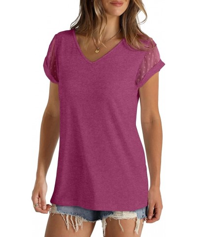 Womens Tops Summer V Neck T Shirts Swiss Dot Cap Sleeve Tops Loose Casual Blouses 074-maroon $10.50 T-Shirts