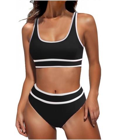 Womens Sports Bra Bikini Set Color Block Two Piece Swimsuit High Waisted Cheeky Bathing Suits Tummy Control Swimsuit Sexy Bik...