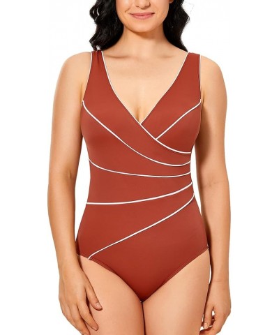 Women's Slimming Swimwear One Piece Piped Swimsuit Plus Size Bathing Suit Chinese Red $18.06 Swimsuits